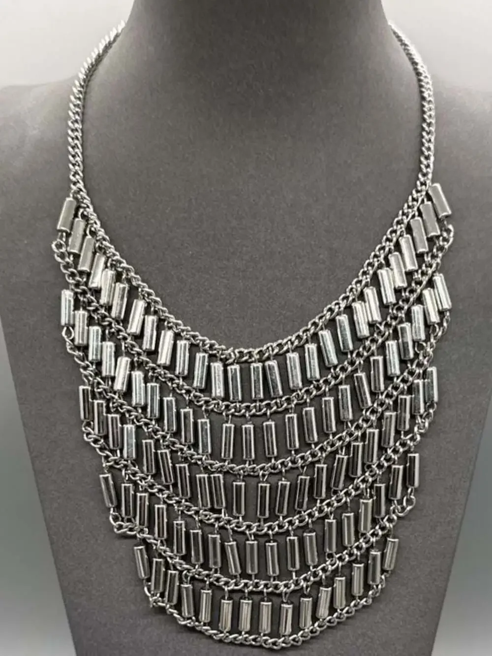 Silver Tone Multi-strand Tube Bar Statement Bib Necklace Layered Y2K Goth